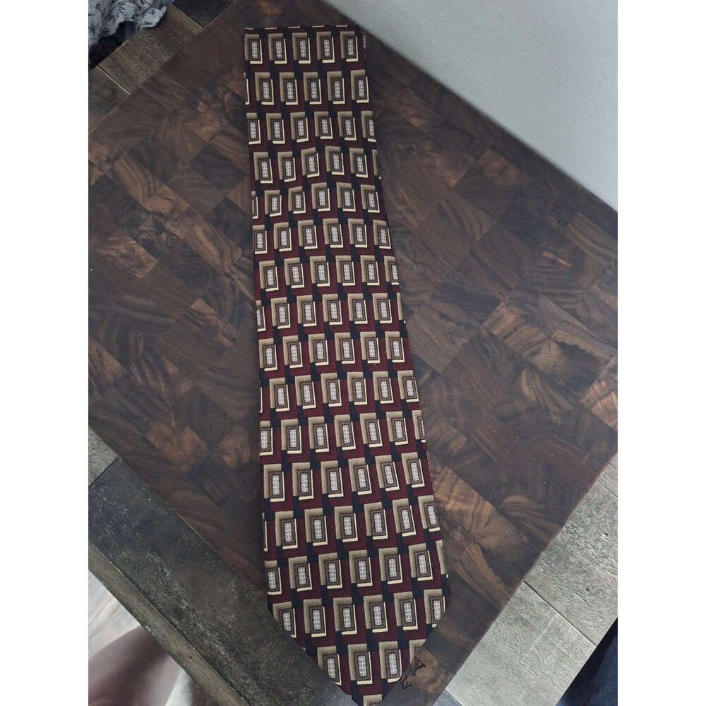 Louis Roth Mens Silk Necktie Geometric Block Pattern Burgundy Navy Gold Tie